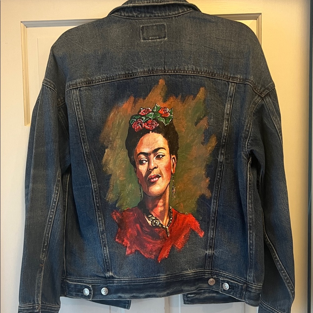 American Eagle Outfitters Blue Jean Jacket with Artistic Design of Frida Kahlo
